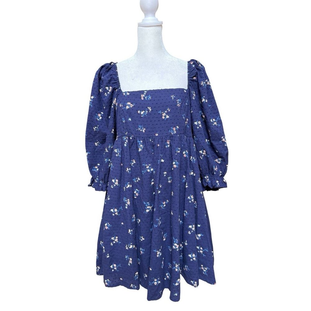Altar’d State Blue Floral Babydoll Dress M Puff Sleeve